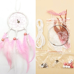 Pearl Pink Iron Woven Web/Net with Feather Pendant Decorations, with Wood Beads, Covered with Cotton Lace and Villus Cord, Flat Round, Pearl Pink, 80mm