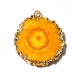 Gold Natural Druzy Agate Dyed Pendants, Golden Edged Flower Slice Charms, Gold, 15~30mm