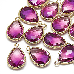 Medium Violet Red Glass Pendants, with Golden Tone Brass Findings, Faceted, teardrop, Medium Violet Red, 23x15x7mm, Hole: 1.5~2mm