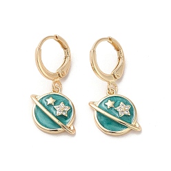 Dark Turquoise Planet Real 18K Gold Plated Brass Dangle Leverback Earrings, with Enamel and Cubic Zirconia, Dark Turquoise, 26.5x15mm