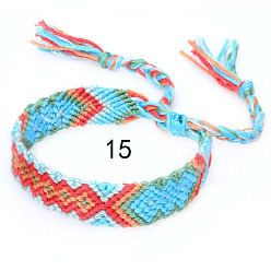 Deep Sky Blue Cotton Braided Rhombus Pattern Cord Bracelet, Ethnic Tribal Adjustable Brazilian Bracelet for Women, Deep Sky Blue, 5-7/8~14-1/8 inch(15~36cm)