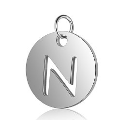 Letter N 304 Stainless Steel Charms, Flat Round with Letter, Stainless Steel Color, Letter.N, 12x1mm, Hole: 2.5mm