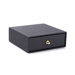 Black Square Paper Drawer Jewelry Set Box, with Brass Rivet, for Earring, Ring and Necklace Gifts Packaging, Black, 10x10x3~3.2cm