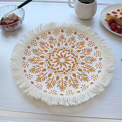 Sandy Brown Bohemia Polyester Coaster Mats, Tassel Hot Pads, for Cooking Baking, Flat Round with Flower Pattern, Sandy Brown, 320mm