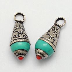 Medium Turquoise Brass Drop Pendants, with Resin Synthetic Turquoise and Antique Silver, Medium Turquoise, 26~28x11mm, Hole: 4mm