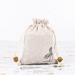White Cotton Linen Pouches, Drawstring Bag, with Wood Beads, Rectangle with Lotus, White, 10x8cm