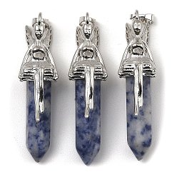 Blue Spot Jasper Natural Blue Spot Jasper Pointed Pendants, Faceted Bullet Charms, with Rack Plating Platinum Plated Brass Fairy, 24x13mm, Hole: 5x8mm