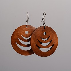 Saddle Brown Flat Round Hollow Wood Dangle Earrings, with Platinum Plated Iron Earring Hooks, Saddle Brown, 70x49mm, Pin: 0.8mm