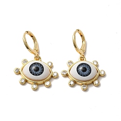 Gray Resin Horse Eye Dangle Leverback Earrings with Cubic Zirconia, Real 18K Gold Plated Brass Jewelry for Women, Gray, 30.5mm, Pin: 1mm