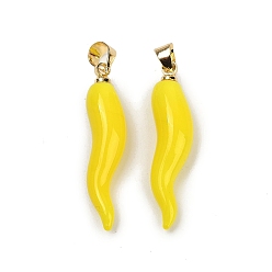 Yellow Handmade Lampwork with Brass Pendants, Horn of Plenty Charms, Yellow, 26.5x6.5x6.5mm, Hole: 5x3.5mm