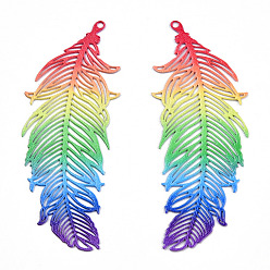 Colorful Ion Plating(IP) 201 Stainless Steel Filigree Pendants, Etched Metal Embellishments, Feather, Colorful, 47x19x0.3mm, Hole: 1.2mm