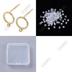 Plaqué 18K Or Véritable 20 pièces de boucles d'oreilles en laiton, sans cadmium et sans nickel et sans plomb, rond, avec boucle horizontale, avec 20 écrous d'oreille en plastique, réel 18 k plaqué or, 10.5x8mm, Trou: 1.5mm, pin: 0.8 mm