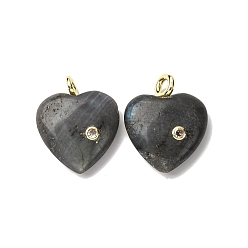 Лабрадорита Природные подвески лабрадорита, подвески в форме сердца с латунной микропаве из прозрачных кубических цирконий, золотые, 30~32x25x8 мм, отверстие : 1.5 мм