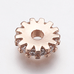 Rose Gold Brass Micro Pave Cubic Zirconia Bead Spacers, Flat Round/Gear, Clear, Rose Gold, 8x2mm, Hole: 2mm