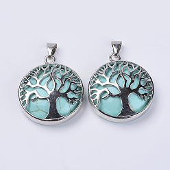 Synthetic Turquoise Dyed Synthetic Turquoise Pendants, with Platinum Plated Brass Findings, Flat Round with Tree of Life, 31x27x8mm, Hole: 3.5x7mm