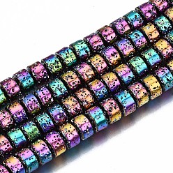 Colorful Rainbow Electroplated Natural Lava Rock Beads Strands, Flat Round, Bumpy, Colorful, 8.5x6mm, Hole: 1mm, about 67pcs/strand, 15.63 inch(39.7cm)