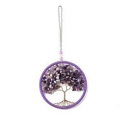 Amethyst Wire Wrapped Chips Natural Amethyst Big Pendant Decorations, with Iron Chains and Imitation Leather Rope, Flat Round with Tree of Life, 245mm