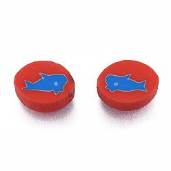Dark Red Handmade Polymer Clay Beads, Oval with Fish, Dark Red, 10.5~12x8~8.5x4.5~5mm, Hole: 1.6mm