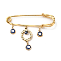 Golden Ion Plating(IP) 304 Stainless Steel Kilt Pin, Enamel & Rhinestone Evil Eye Charm Brooch for Backpack Clothes, Golden, 40x51x7mm