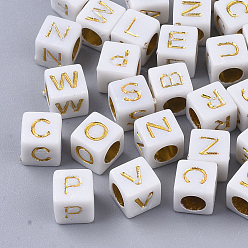 Gold Plated Acrylic Beads, Horizontal Hole, Cube with Random Initial Letter, Gold, 6x6x6mm, Hole: 3.5mm, about 3270pcs/500g