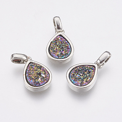 Colorful Natural Druzy Agate Pendants, with Brass Finding, teardrop, Platinum, Colorful, 14.5x10x3~4mm, Hole: 2x2.5mm