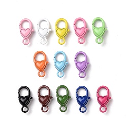 Mixed Color Spray Painted Alloy Lobster Claw Clasps, Oval with Heart Pattern, Mixed Color, 17x9x4mm, Hole: 2.5mm, inner diameter: 5mm