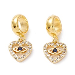 Colorful Brass Cubic Zirconia European Dangle Charms, Largr Hole Pendants, Long-Lasting Plated, Real 18K Gold Plated, Heart with Eye, Colorful, 18.5mm, Hole: 5mm, Pendant: 9.5x8.5x2.5mm