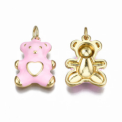 Pink Brass Enamel Pendants, with Jump Rings, Nickel Free, Real 16K Gold Plated, Bear with Heart, Pink, 18x13.5x3.5mm, Jump Ring: 5x0.8mm, 3mm inner diameter