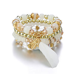 Beige B0034-2 Bohemian Bracelet Set with Colorful Crystal Beads, Feather and Ethnic Style Jewelry