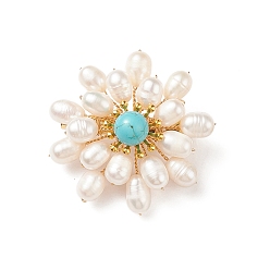 Synthetic Turquoise Synthetic Green Turquoise & Natural Pearl Braided Bead Flower Lapel Pin, Golden 304 Stainless Steel Brooch for Women, 42x40x13mm