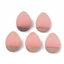 Pink Resin & Walnut Wood Pendants, teardrop, Pink, 17.5x13x4mm, Hole: 1.8mm