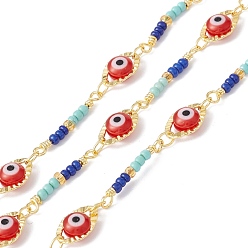 Colorful Handmade Eco-friendly Brass Horse Eye Link Chain, with Glass Evil Eye & Seed Beaded, Real 18K Gold Plated, Lead Free & Cadmium Free, Soldered, with Spool, Colorful, 10x6x4mm, 19x2mm