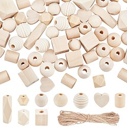 Antique White PANDAHALL ELITE 130Pcs 9 Size Natural Unfinished Wood Beads, with 10m Jute Twine, for DIY Home Decoration Kits, Antique White