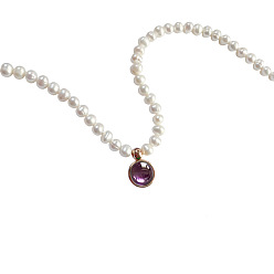 Фиолетовый Стеклянные плоские круглые ожерелья с подвесками в стиле камня, с цепочками из бисера с имитацией жемчуга, фиолетовые, 15.75 дюйм (40 см)