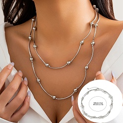 Platinum CCB Plastic Curved Tube & Round Beaded Chains Double Layer Necklace for Women, Platinum, 39.37 inch(100cm)