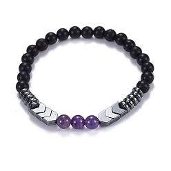 Amethyst Natural Black Agate(Dyed) & Amethyst Beads Stretch Bracelets, with Non-Magnetic Synthetic Hematite Beads, 2 inch(5.2cm)