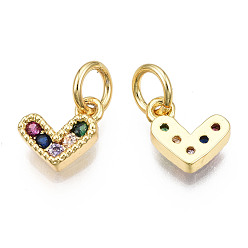 Colorful Brass Micro Pave Cubic Zirconia Charms, with Jump Ring, Heart, Real 16K Gold Plated, Nickel Free, Colorful, 8x8x2mm, Jump Ring: 5x1mm, 3mm inner diameter