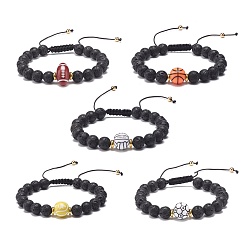 Mixed Patterns Natural Lava Rock & Acrylic Braided Bead Bracelet, Essential Oil Gemstone Jewelry for Men Women, Mixed Color, Inner Diameter: 2-1/8~3-5/8 inch(5.5~9.3cm)