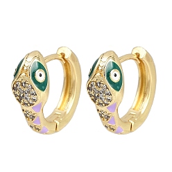 Лиловый Латунные микро проложить серьги обруча кубического циркония, без кадмия и без свинца, с эмалью, змея, реальный 18 k позолоченный, сирень, 20x21x7.5 мм