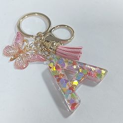 Letter A Acrylic and Resin Keychain, with Tassel, Alloy Rings, Butterfly, Letter A, 10cm, Pendant: 23~43mm