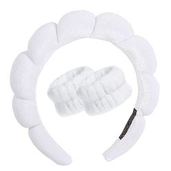 White 3-piece set spa hairband wristband hand-sewn. Velvet Spa Headband and Wristband Set - Fashionable, Makeup Sponge, Headband.