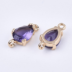 Medium Purple Transparent Glass Links connectors, with Brass Findings, Faceted, Teardrop, Light Gold, Medium Purple, 13x7x3.5mm, Hole: 1.2mm