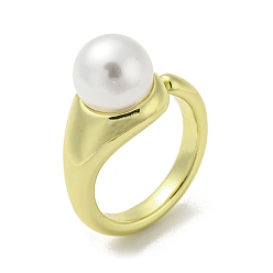 Real 18K Gold Plated Brass Open Cuff Ring with Plastic Pearl, Cadmium Free & Lead Free, Real 18K Gold Plated, Inner Diameter: 17mm