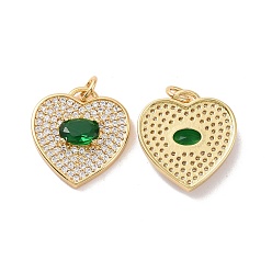 Green Heart Brass Micro Pave Cubic Zirconia Pendants, with Jump Rings, Cadmium Free & Nickel Free & Lead Free, Real 18K Gold Plated, Green, 18x17x4mm, Hole: 3mm