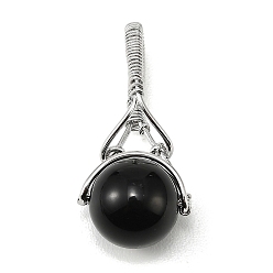 Обсидиан Подвески в виде шариков из натурального обсидиана, круглые подвески с латунной фурнитурой, платина, 32x15x12 мм, отверстие : 4.5x16 мм