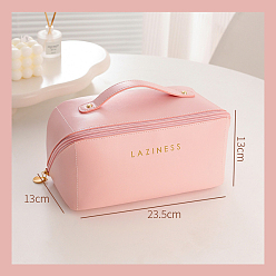 Pink Large Capacity PU Leather Makeup Storage Bag, Travel Cosmetic Bag, Multi-functional Wash Bag, with Pull Chain and Handle, Pink, 13x23.5x13cm