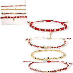 Смешанные камни 4шт. 4 стили регулируемый браслет из натуральных смешанных драгоценных камней и стеклянных вставок плетеный, латунные круглые бусины эластичные браслеты для женщин, с открытки, 6.50 дюйм (16.5 см) ~ 11.02 дюйм (28 см)