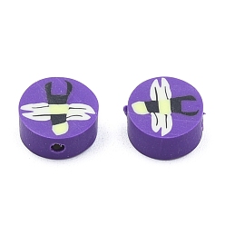 Purple Handmade Polymer Clay Beads, Flat Round with Fly Pattern, Purple, 9x5mm, Hole: 1.8mm