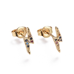 Colorful Brass Micro Pave Cubic Zirconia Flash Stud Crawler Earrings, Climber Earrings, Lightning Bolt, Golden, Colorful, 10x3.4x1.4mm, Pin: 0.7mm