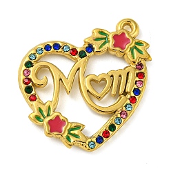 Colorful Ion Plating(IP) Real 18K Gold Plated 304 Stainless Steel Rhinestone Pendants, Heart with Word Mom Charms, for Mother's Day, Colorful, 22x21x2mm, Hole: 1mm
